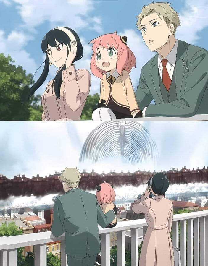 anime characters are standing on a balcony with a view of a city