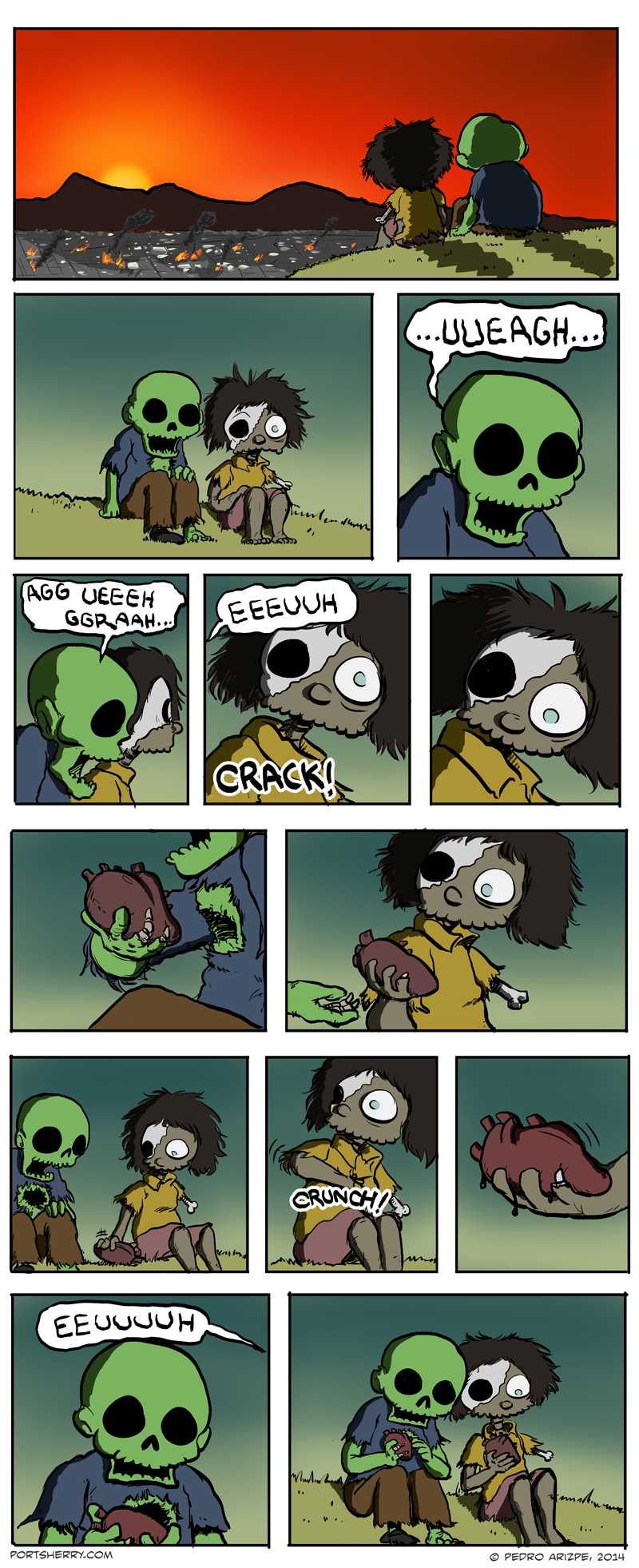 a comic strip with a cartoon of a zombie and a man