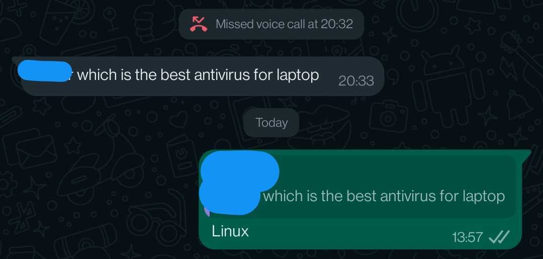 a screenshot of a text message from a person who is best antivirus for laptop