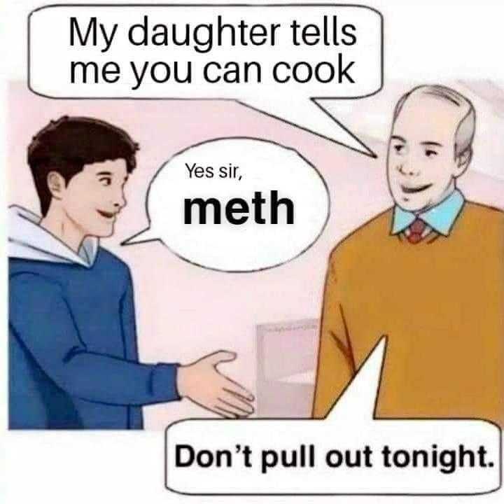 cartoon of a man talking to another man about his daughter ' s cooking