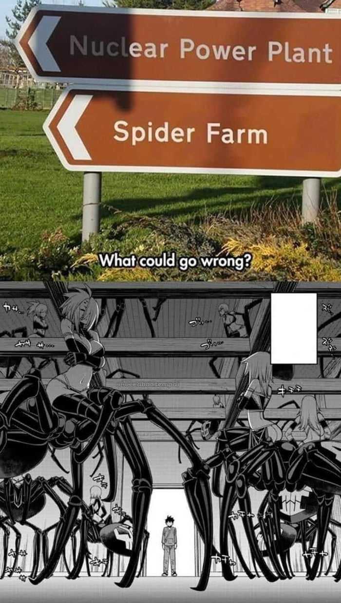 there are two signs that say nuclear power plant and spider farm