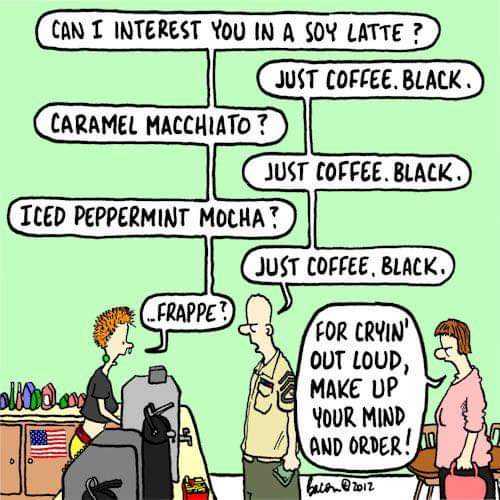 cartoon of a man and woman talking to each other about coffee