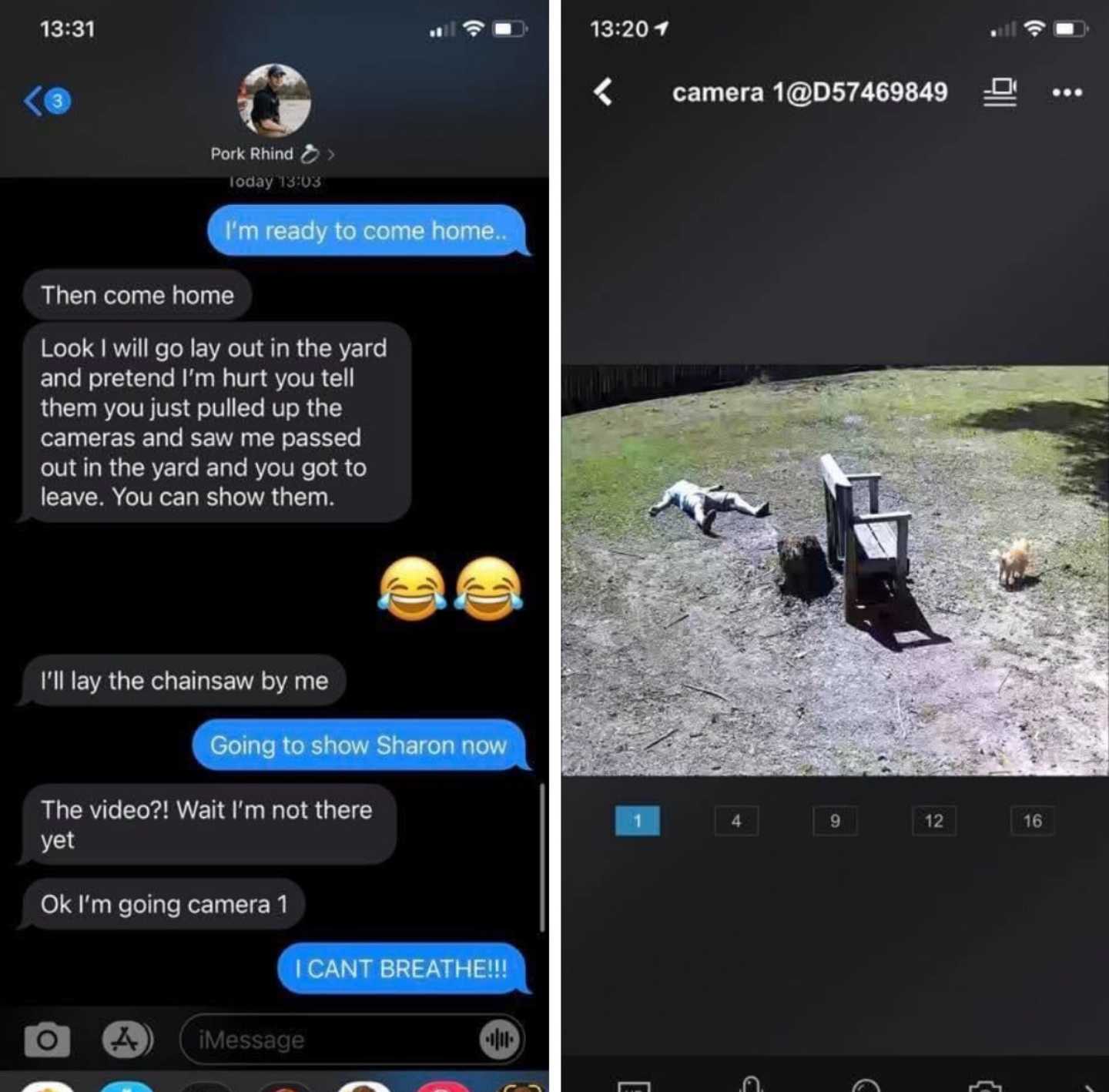 two screenshots of a camera and a text message