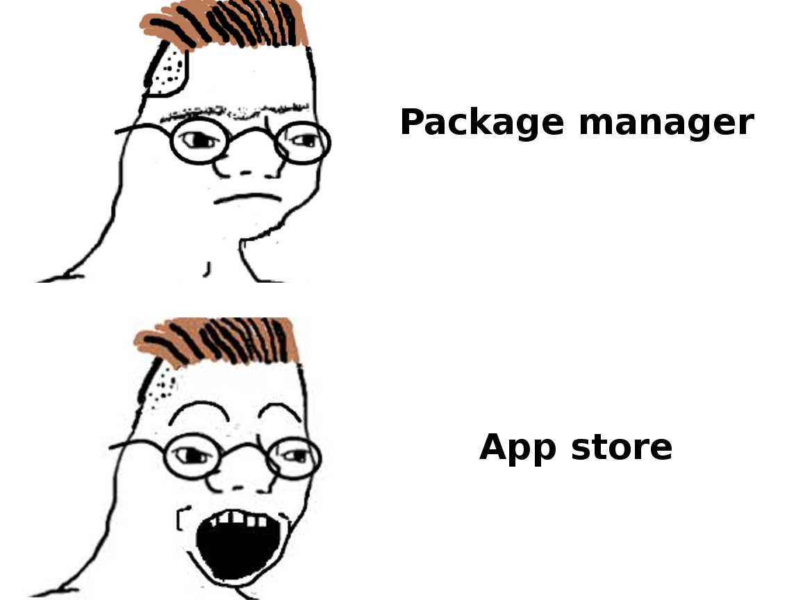 a cartoon of a man with glasses and a beard with a package manager app store