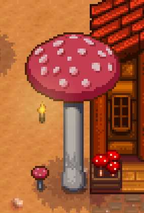 pixel art of a mushroom house with a red roof and a red door