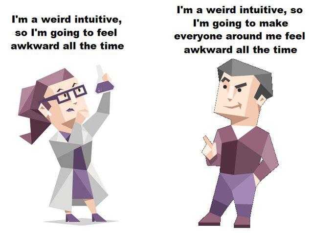 cartoon of a man and woman in business attire with text that reads, i ' m weird intuitive, so