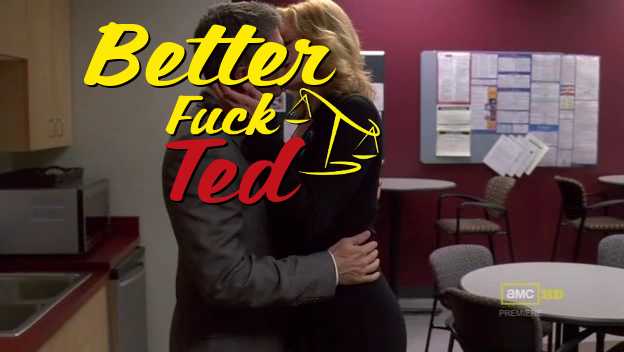 there is a man and woman hugging in a room with a sign that says better fuck ted