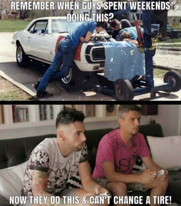 two pictures of men sitting on a couch with a car in the background