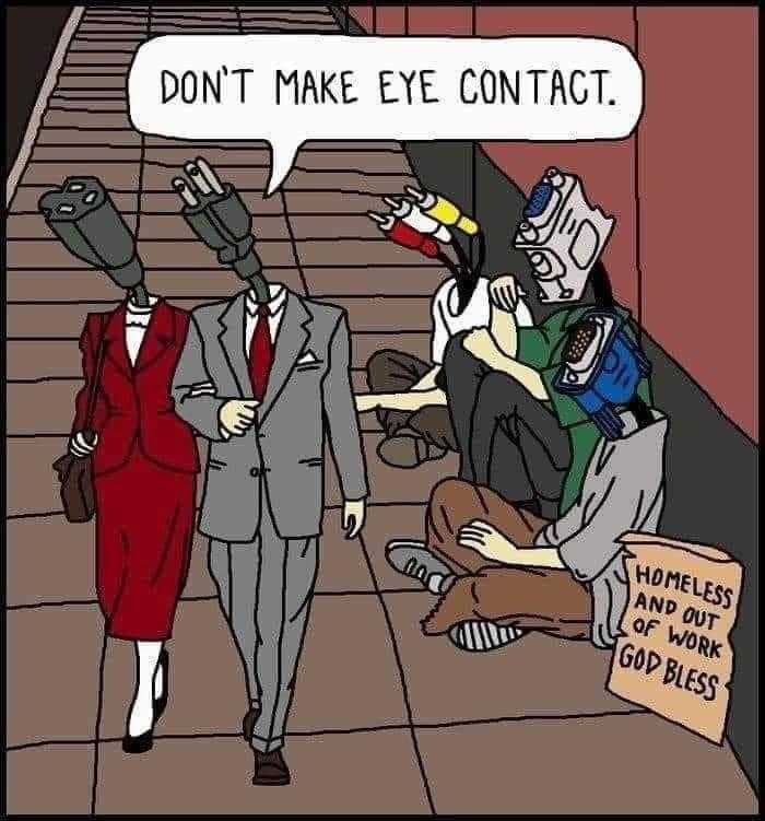 cartoon of a man in a suit and tie walking down a street with a sign that says don ' t make eye contact