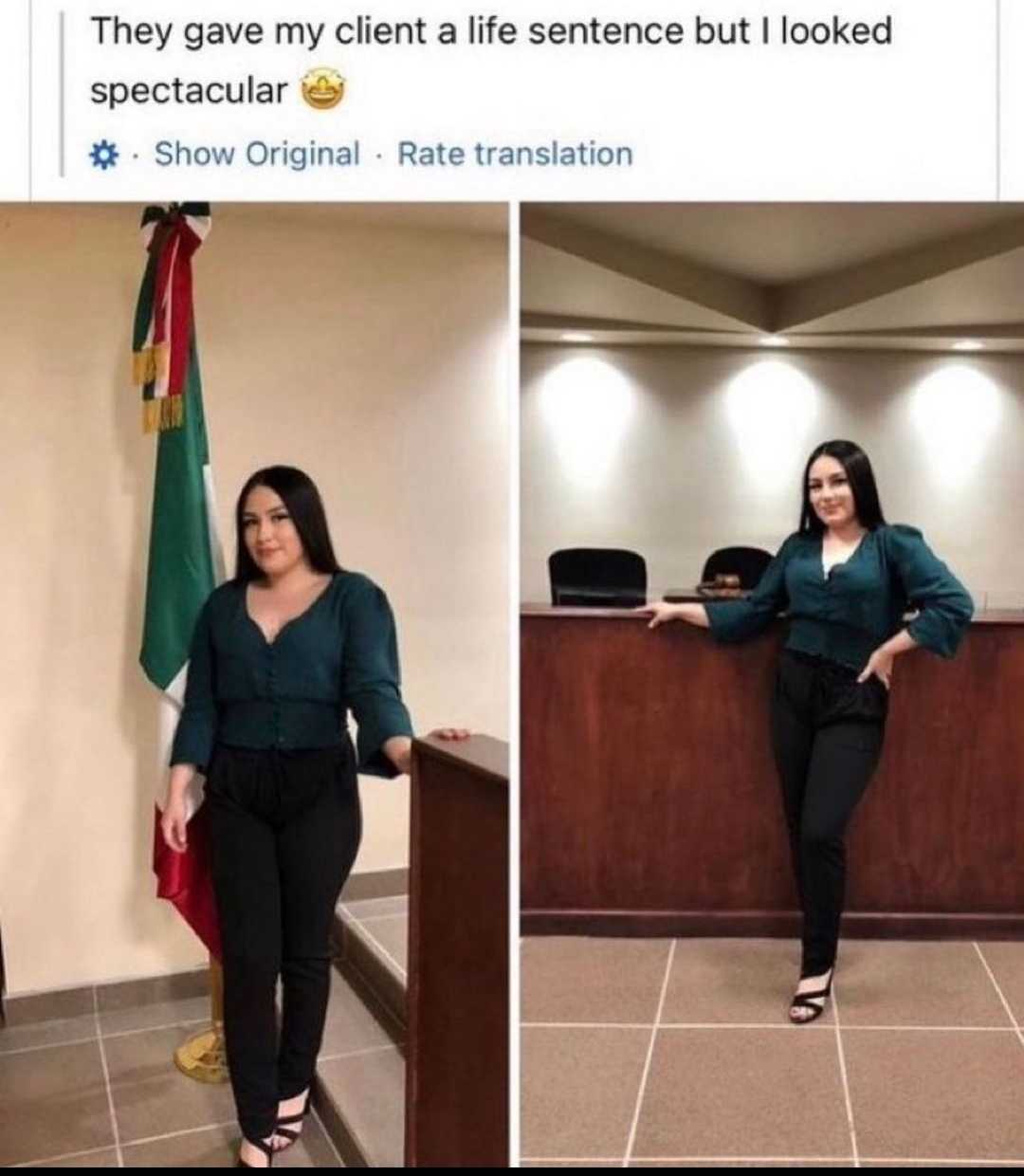 woman standing in front of a counter with a flag