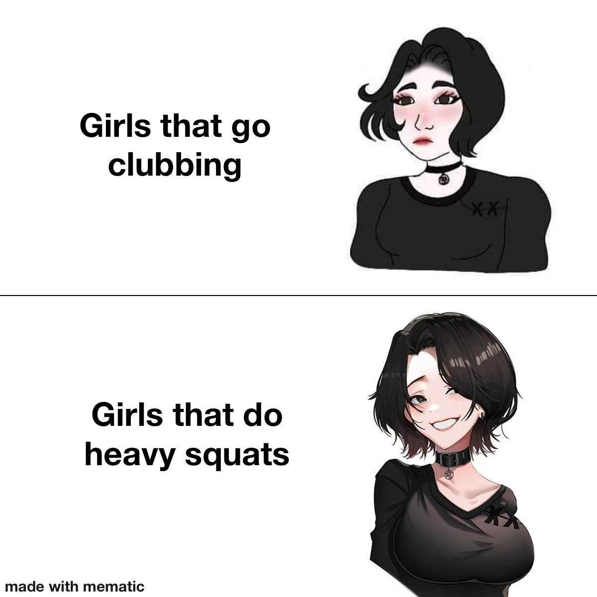 two cartoon pictures of a woman with short hair and a black top