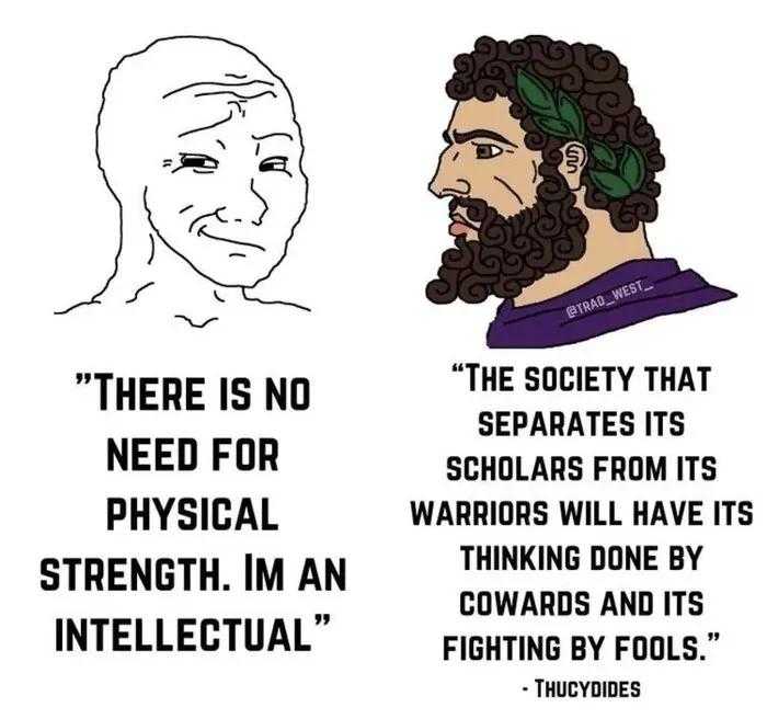 a cartoon drawing of a man with a beard and a quote that says, there is no need for physical