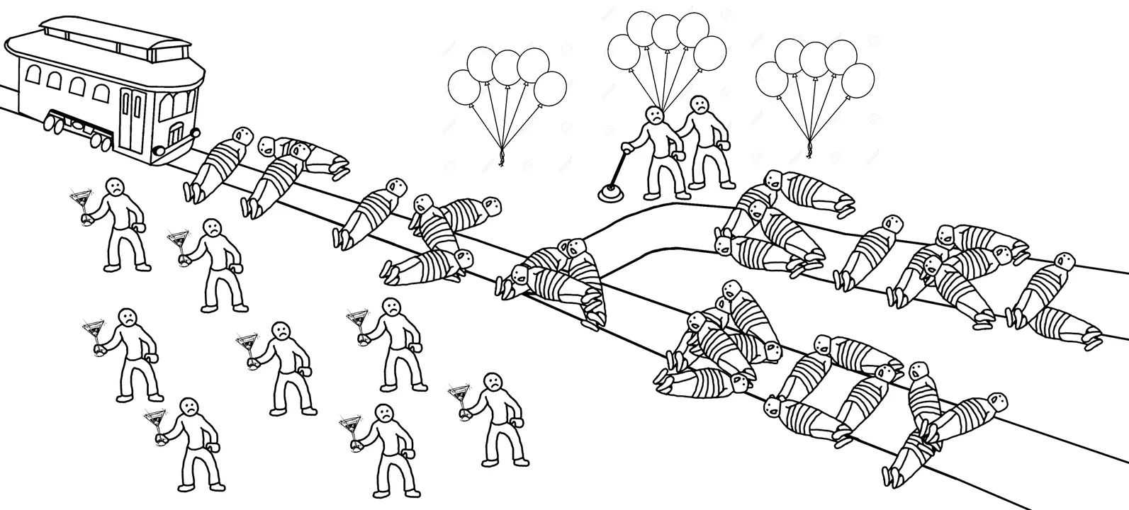 a drawing of a train with people on it and balloons