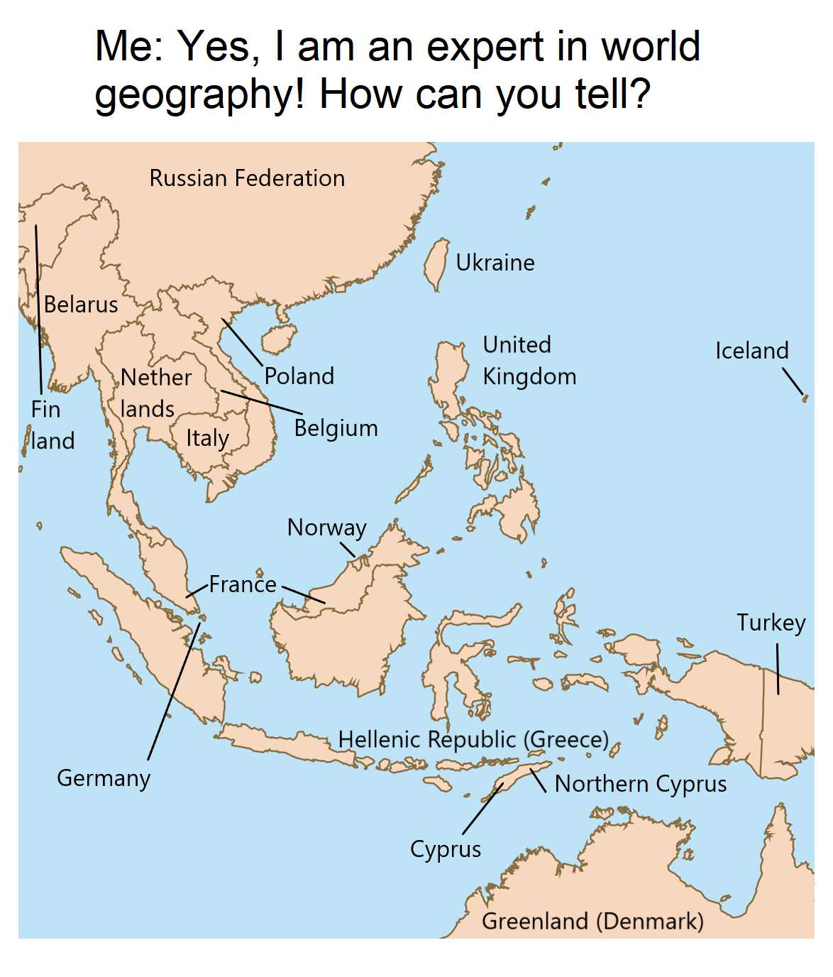 a map of the world with countries labeled in red