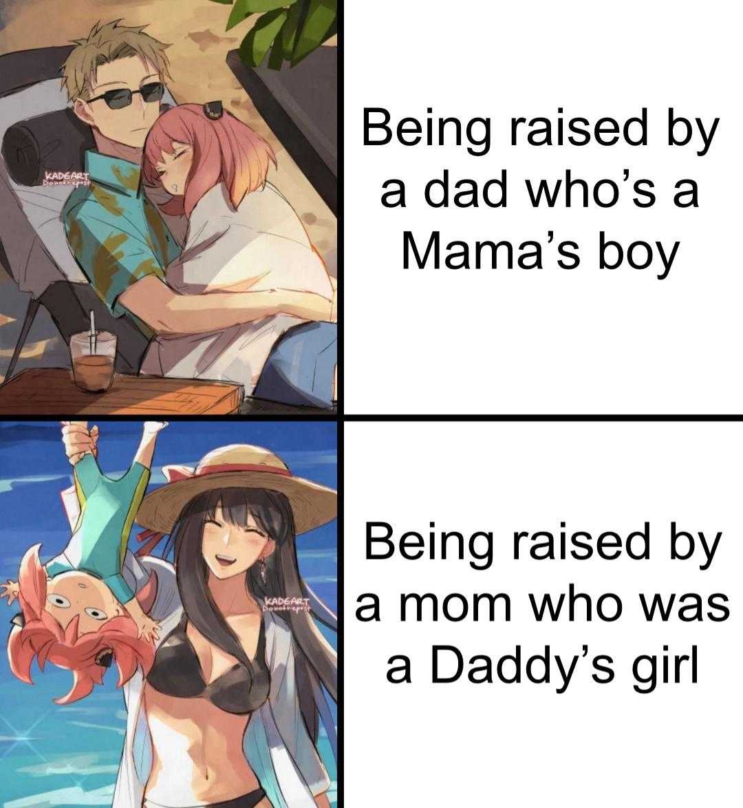 a cartoon picture of a woman and a man who are being raised by a mama ' s boy being raised by a mom who was a daddy ' s girl