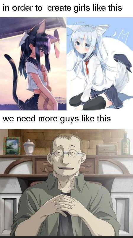 anime meme of a guy and a girl with a cat on their head