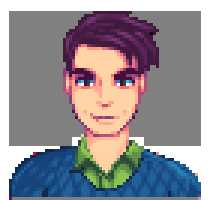 a pixel image of a man with a green shirt and blue shirt