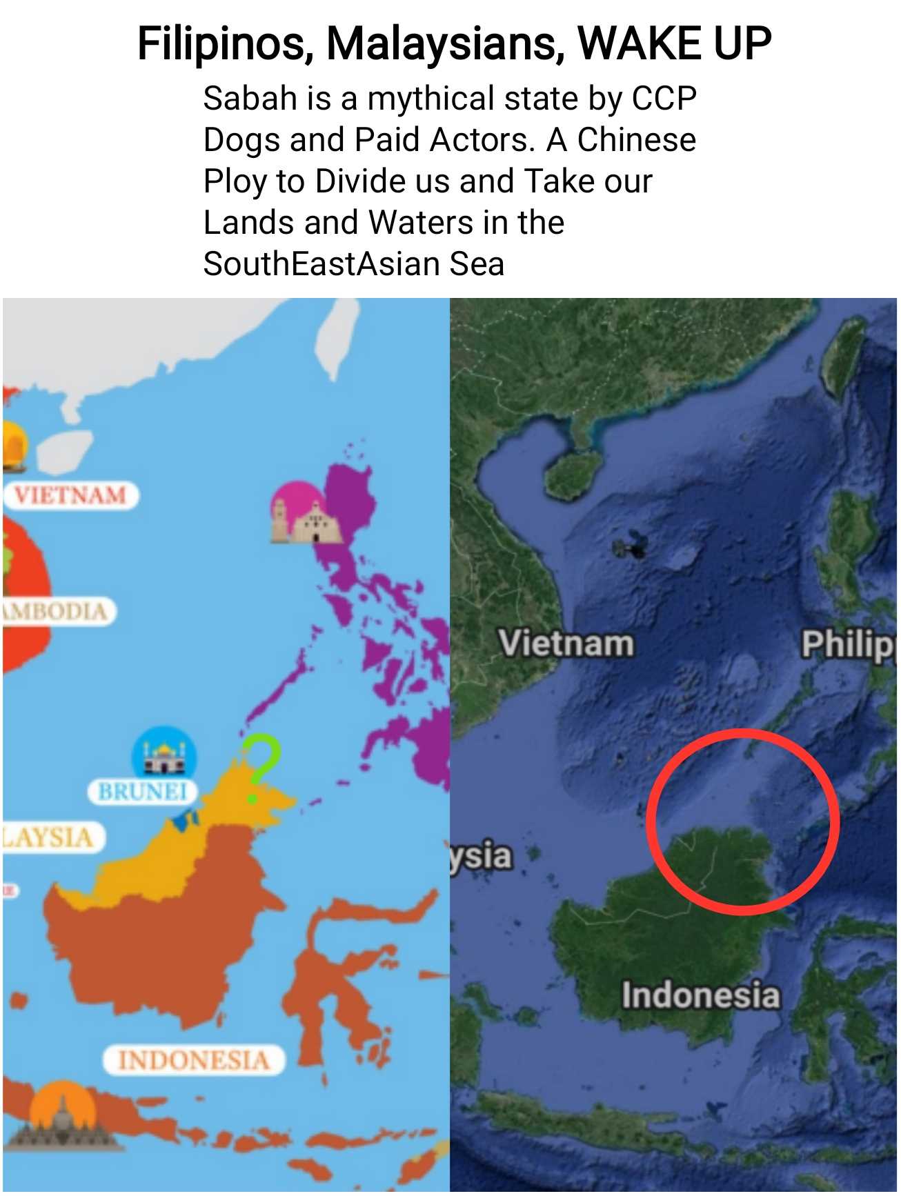 a map of the philippines and malaysia with a red circle in the middle