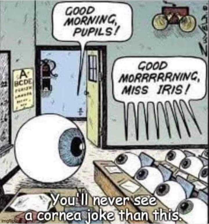 cartoon of a classroom with a large eyeball and a sign saying good morning, pupils