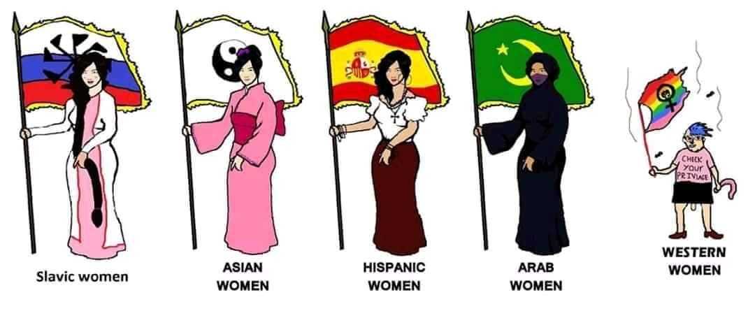 a cartoon of a group of women holding flags with different colors