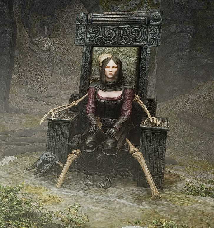 woman sitting on a throne with a crow on her shoulder