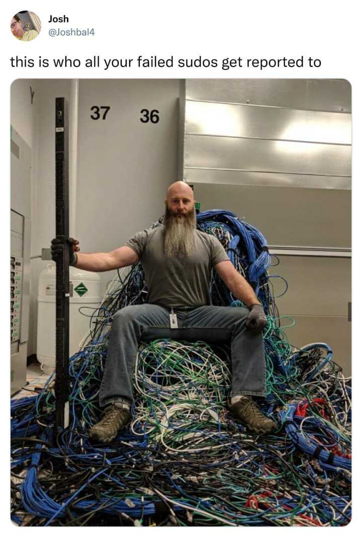 man sitting on a pile of wires with a pole