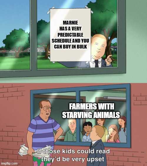 a cartoon picture of a man standing in front of a window with a sign that says farmers with starving animals