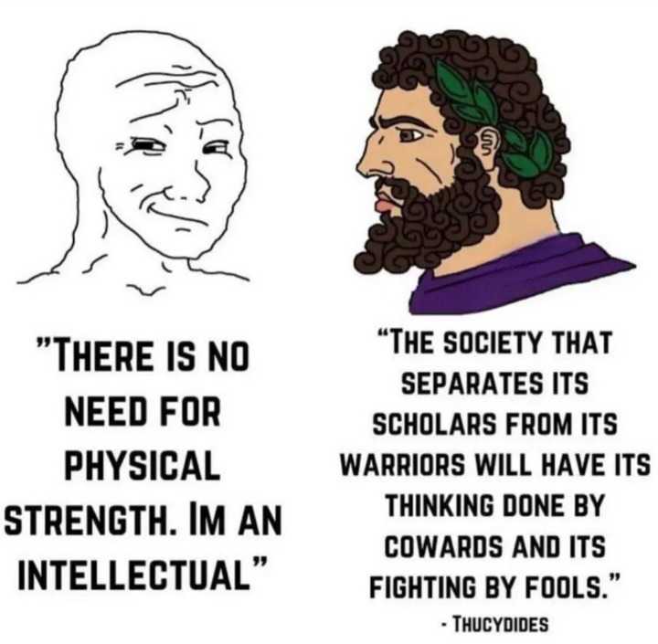 a cartoon drawing of a man with a beard and a quote that says, there is no need for physical