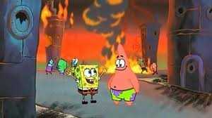 cartoon characters walking in front of a fire with a fire in the background