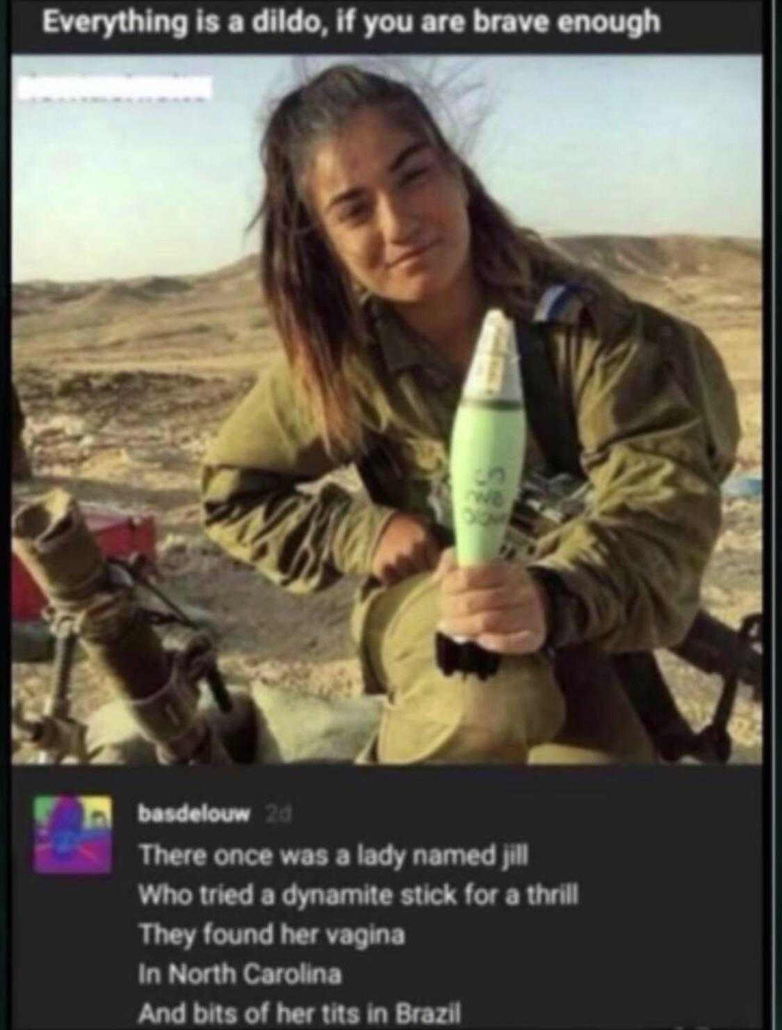 a woman in a military uniform holding a green bottle