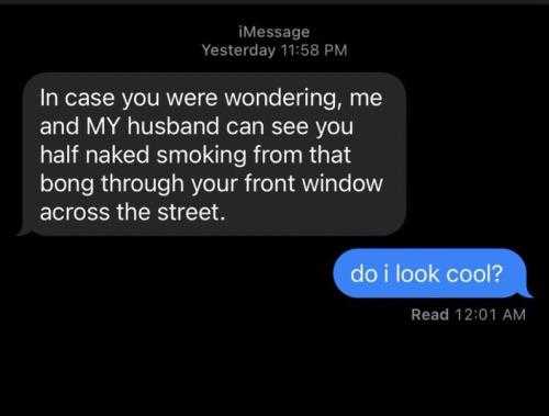 a text message from a woman who is smoking on the street