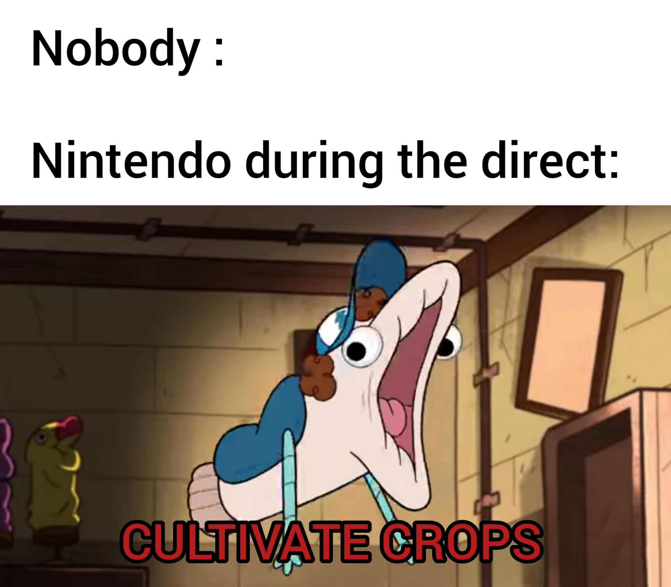 a cartoon picture of a person with a hat on and a caption saying nobody nintendo during the direct