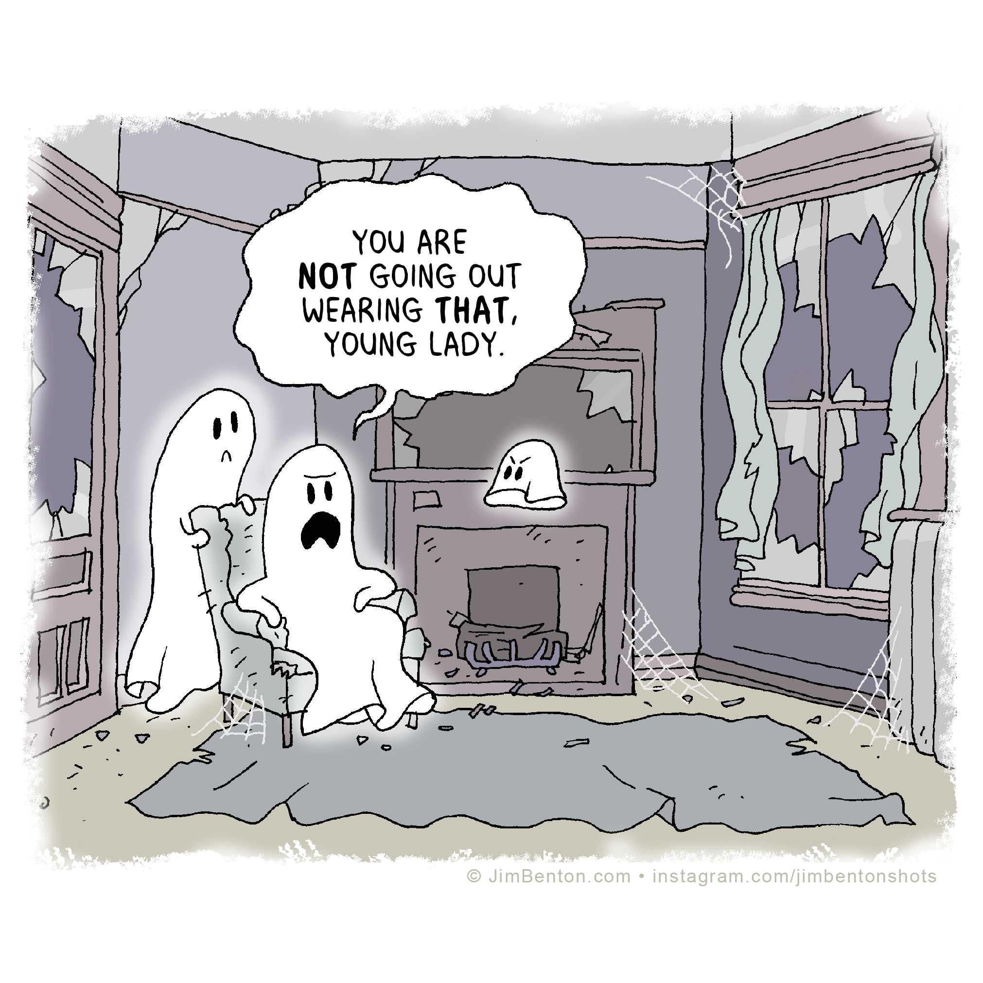 cartoon of two ghosts in a room with a tv and a fireplace