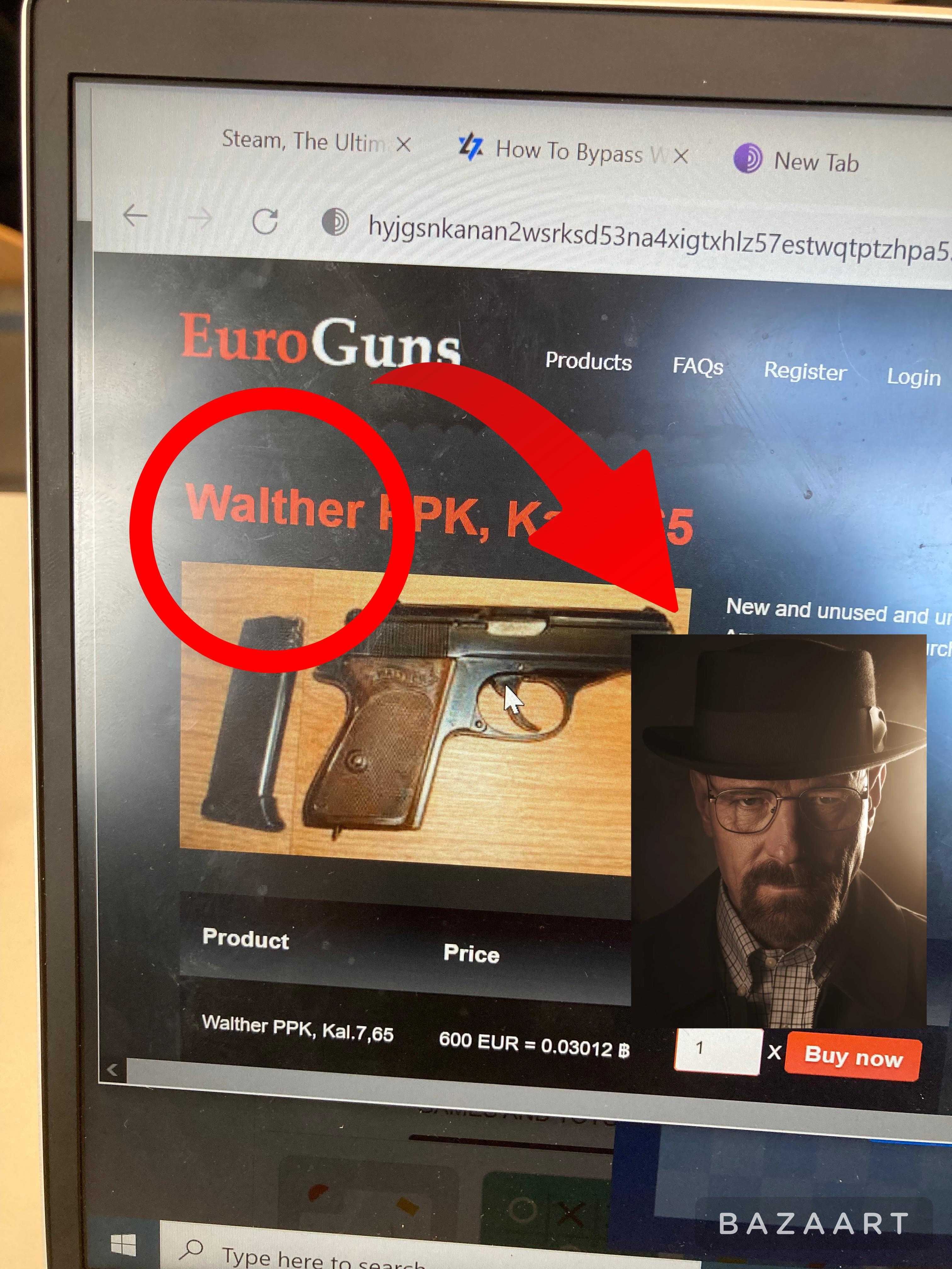 image of a gun on a computer screen with a red arrow pointing to the gun