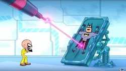 cartoon character with a laser gun and a man in a yellow suit