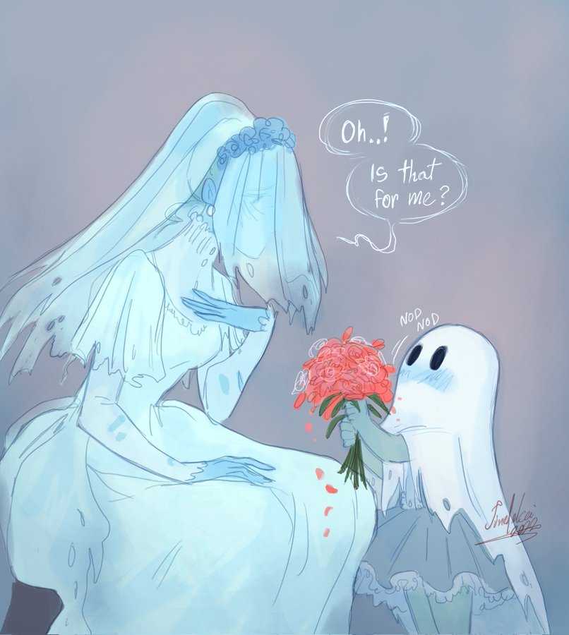 there is a cartoon of a ghost giving a bride a bouquet