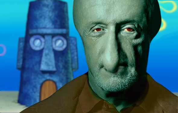 man with a bald head and red eyes in front of a blue robot