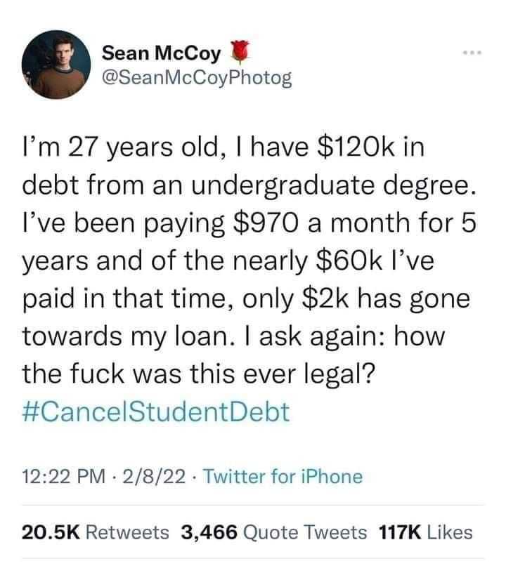 a tweet message from a student about the debt he received