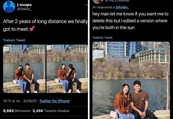 two pictures of a couple sitting on a rock next to a lake