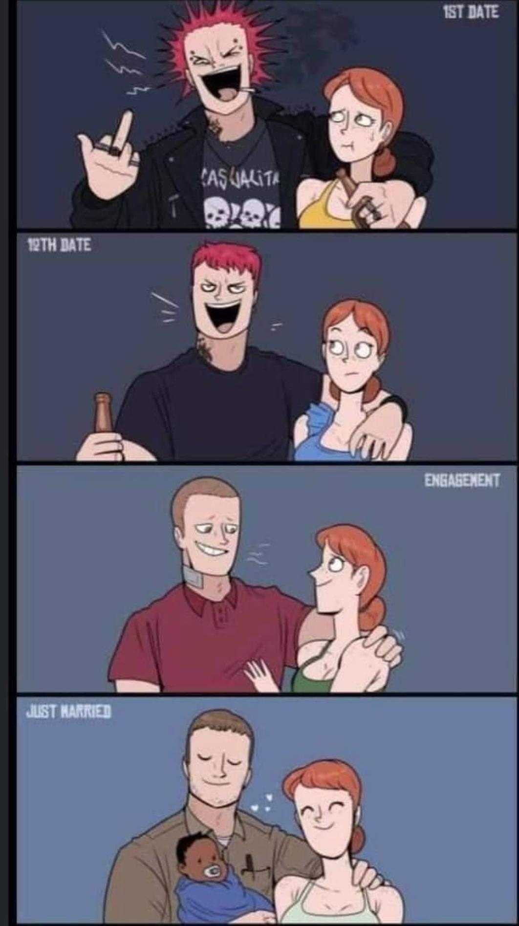 a cartoon of a man and woman with a child and a man with a gun