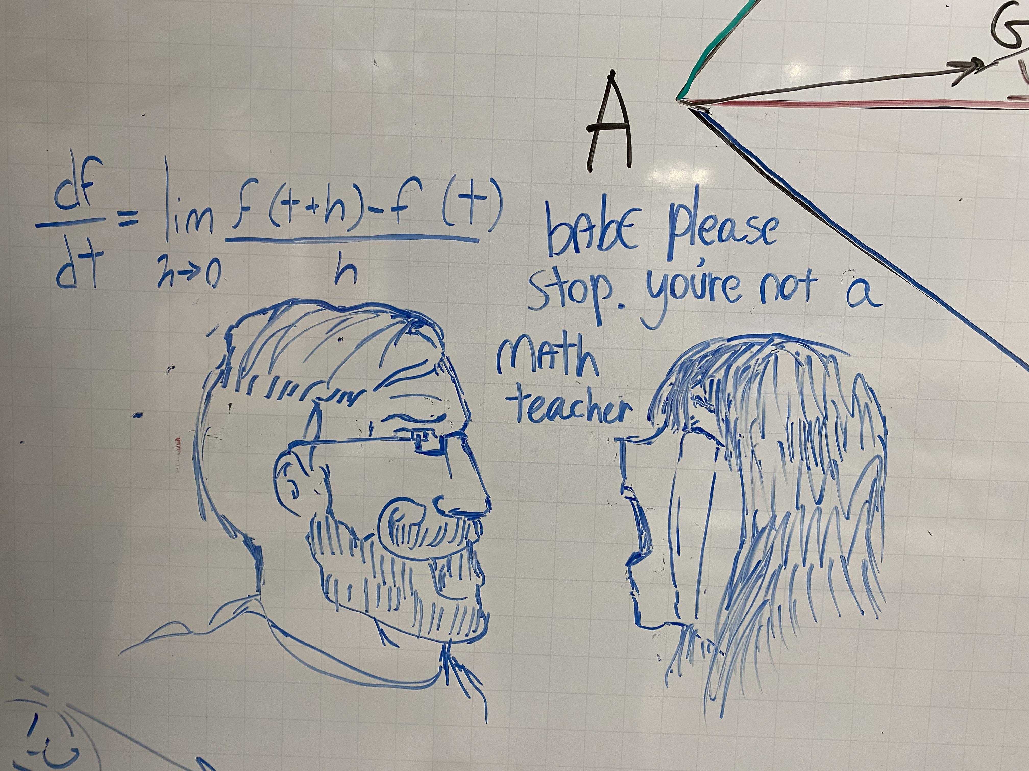 drawing of a man and woman with a triangle on a whiteboard