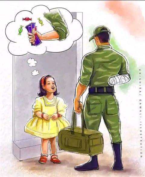 cartoon of a soldier with a child in a yellow dress and a green bag