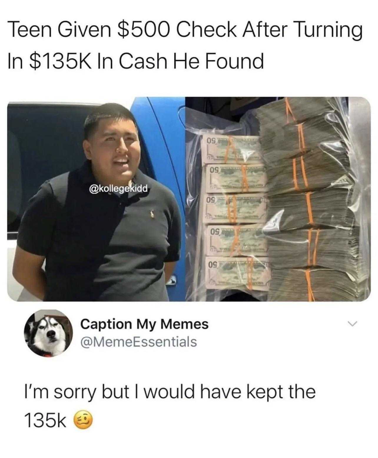 a man standing next to a pile of money with a dog on it