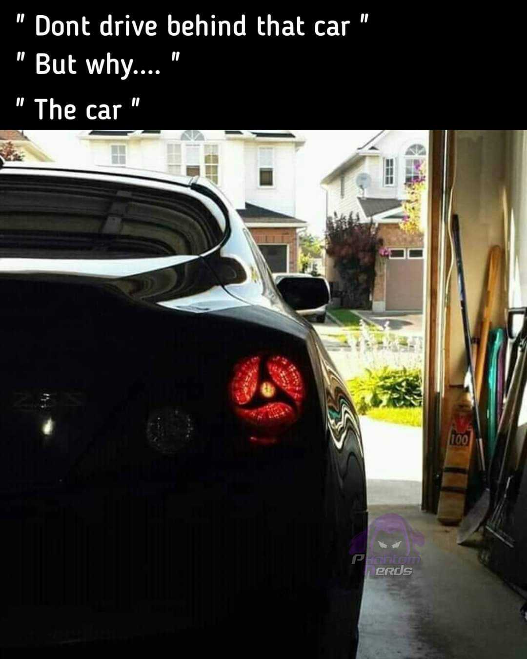 picture of a car in a garage with a quote on the back