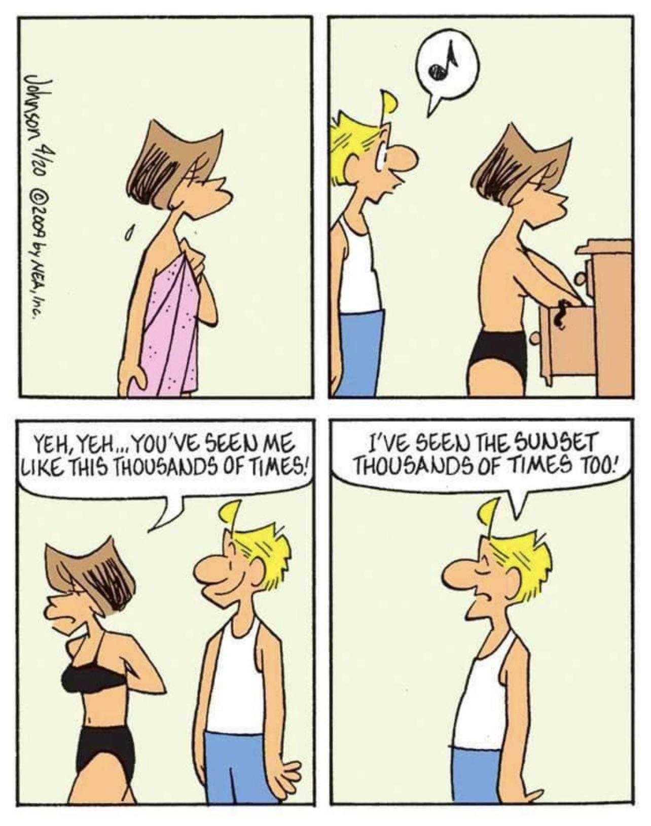 a cartoon strip of a man and woman talking to each other