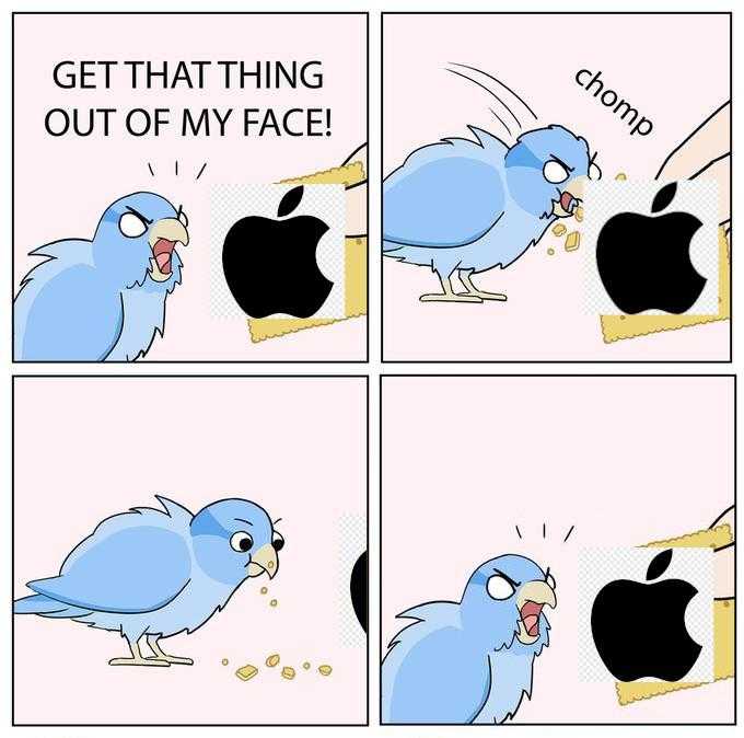 a cartoon of a blue bird eating out of an apple