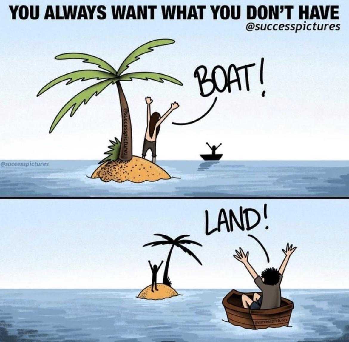 cartoon of a man in a boat on a small island with a palm tree