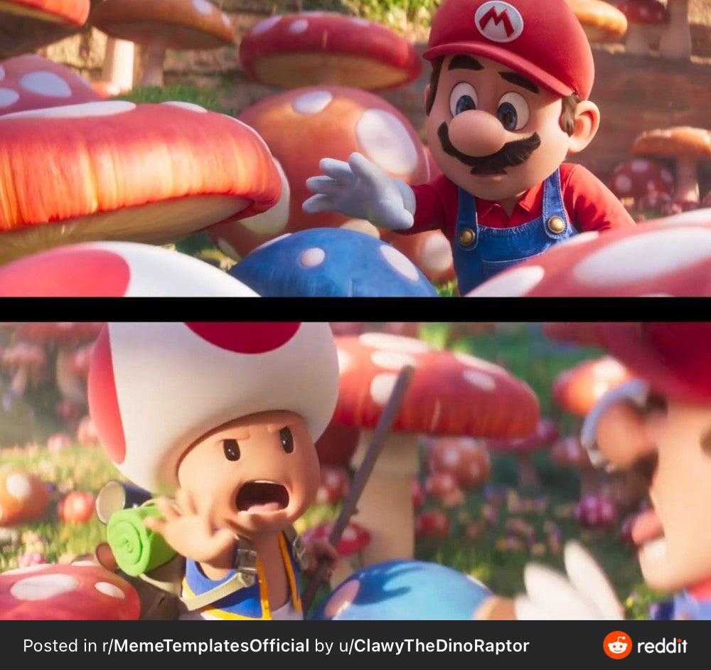 there are two pictures of a mario and luigi in a mushroom field