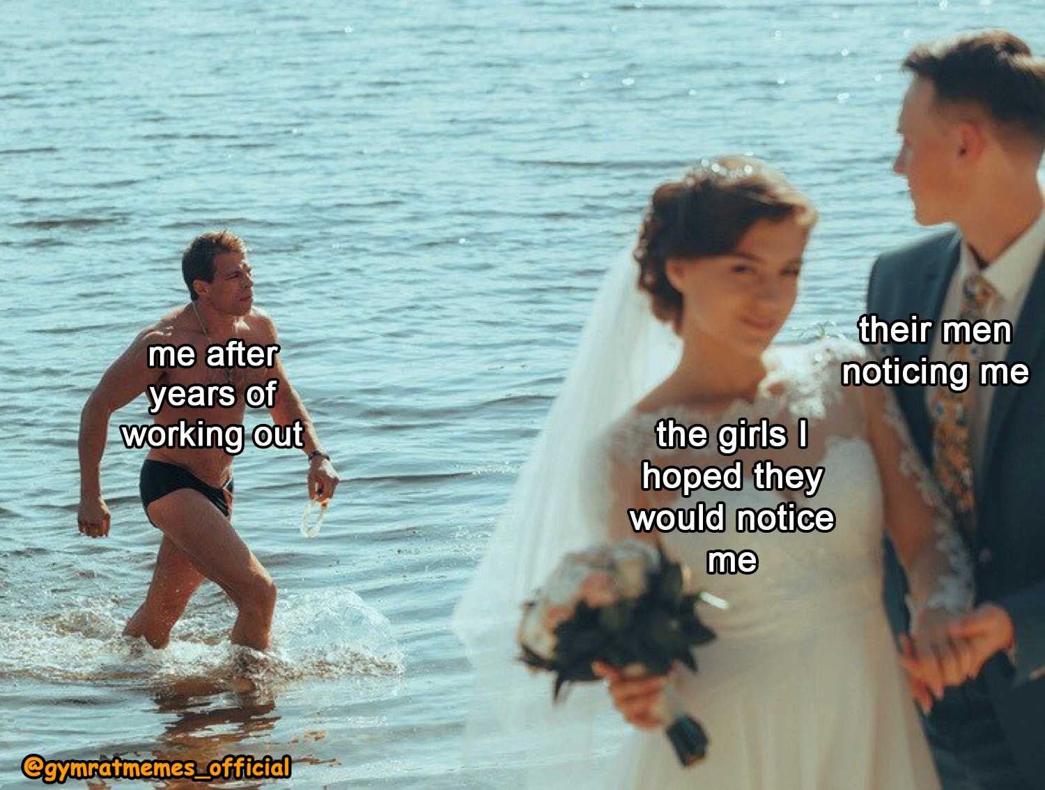 bride and groom walking out of the water after their wedding