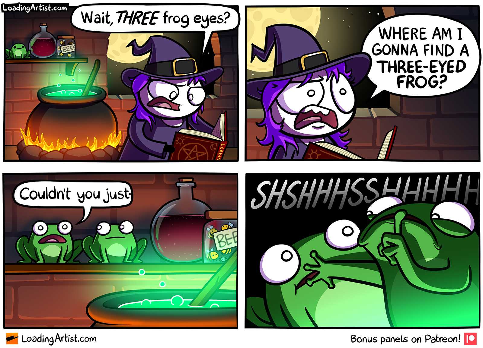 cartoon of a comic strip with a witch and a frog